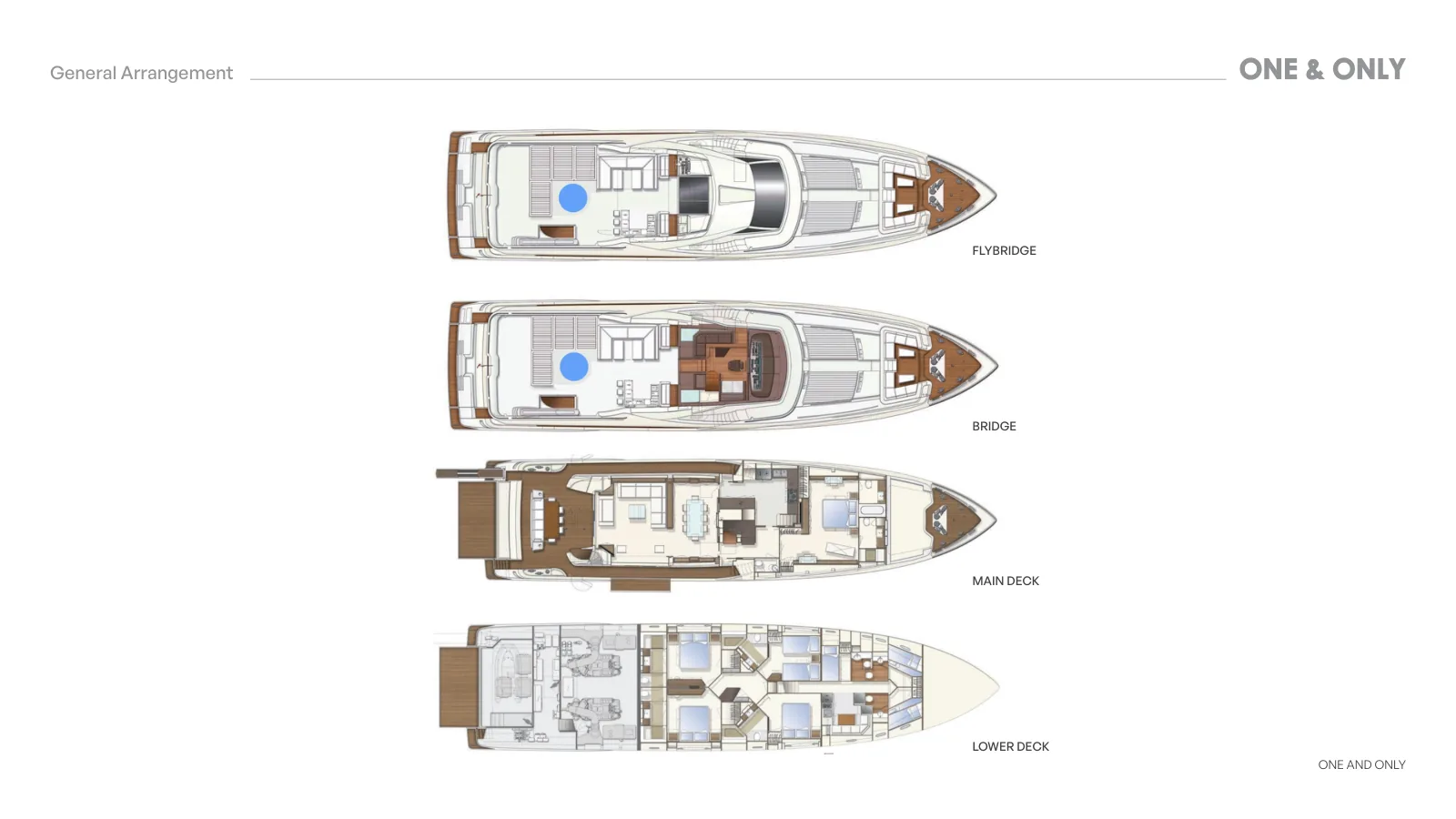 One and Onlyのデッキプラン: Flybridge, Bridge, Main Deck, Lower Deck