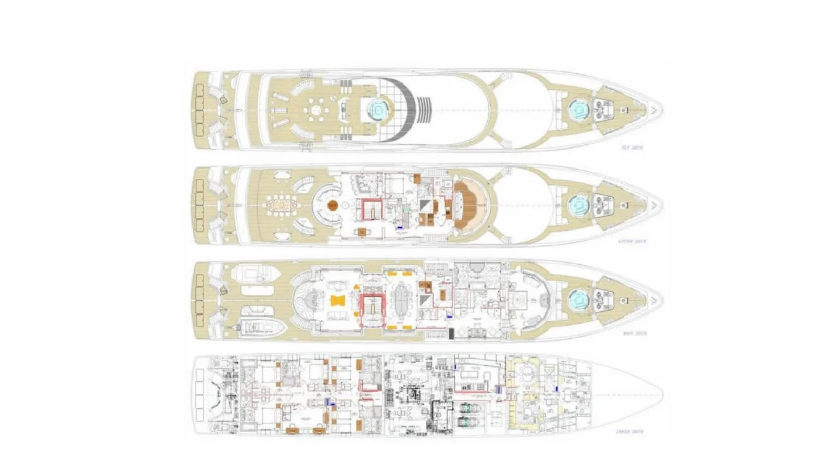 Piano di coperta di Friendship: Fly Deck, Upper Deck, Main Deck, Lower Deck