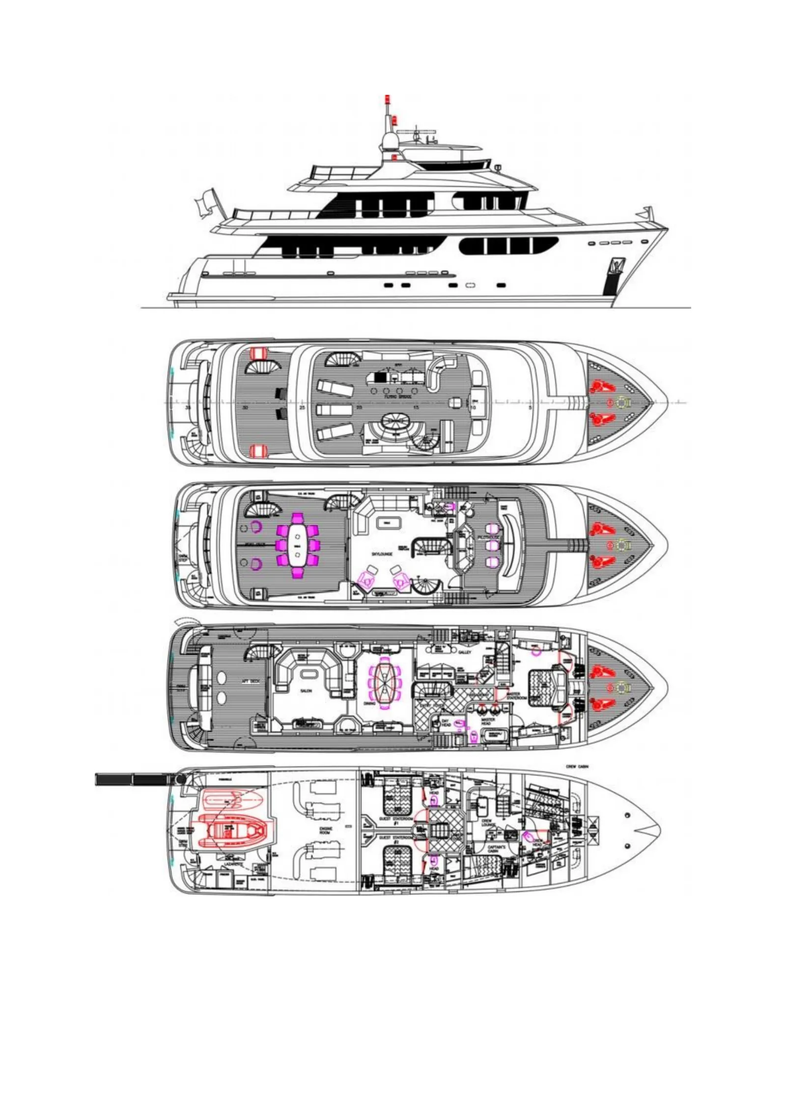 Bandidoのデッキプラン: Profile, Flying Bridge, Bridge deck, Main deck, Lower deck