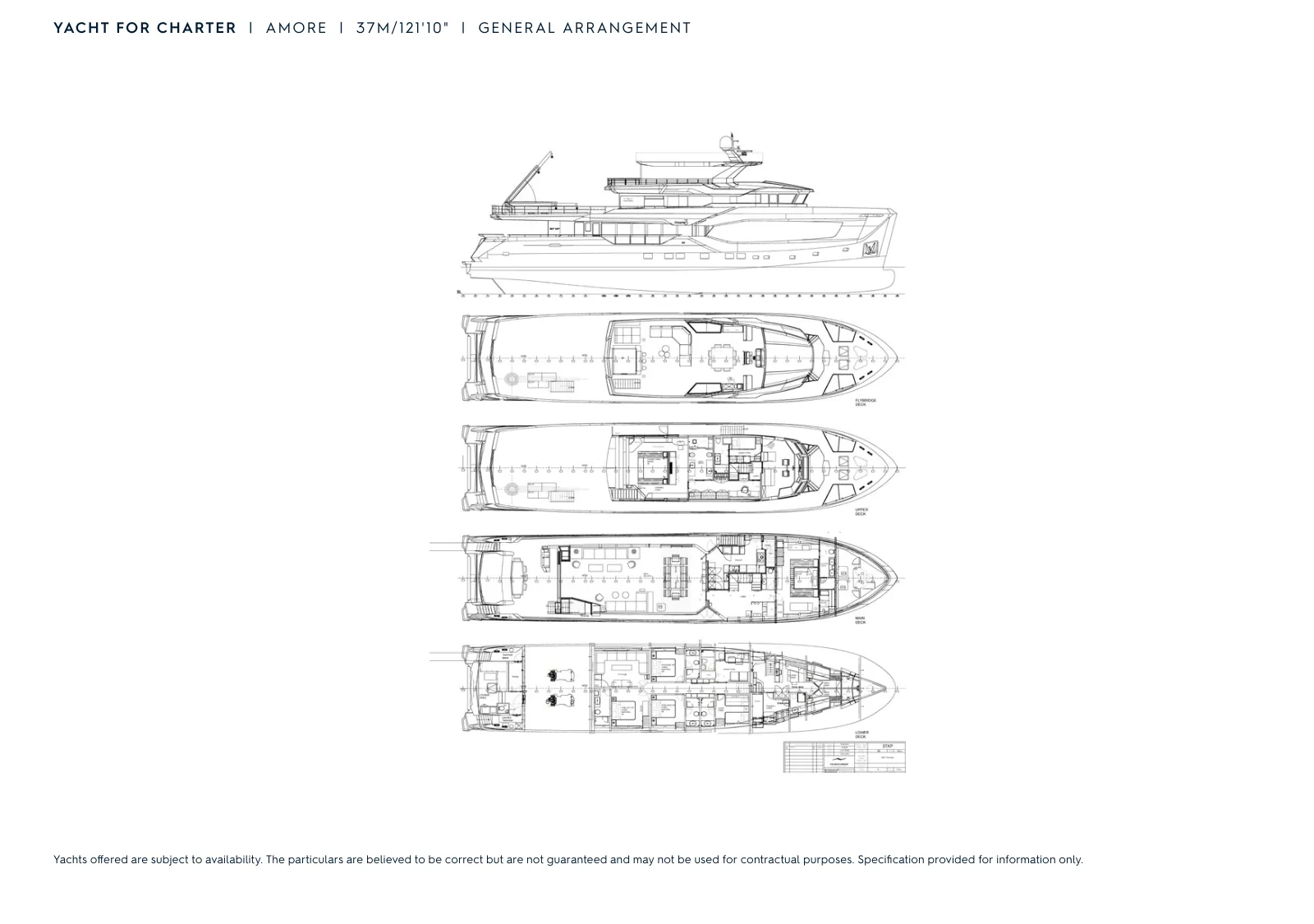 Piano di coperta di Amore: General arrangement: profile, flybridge, upper, main and lower decks