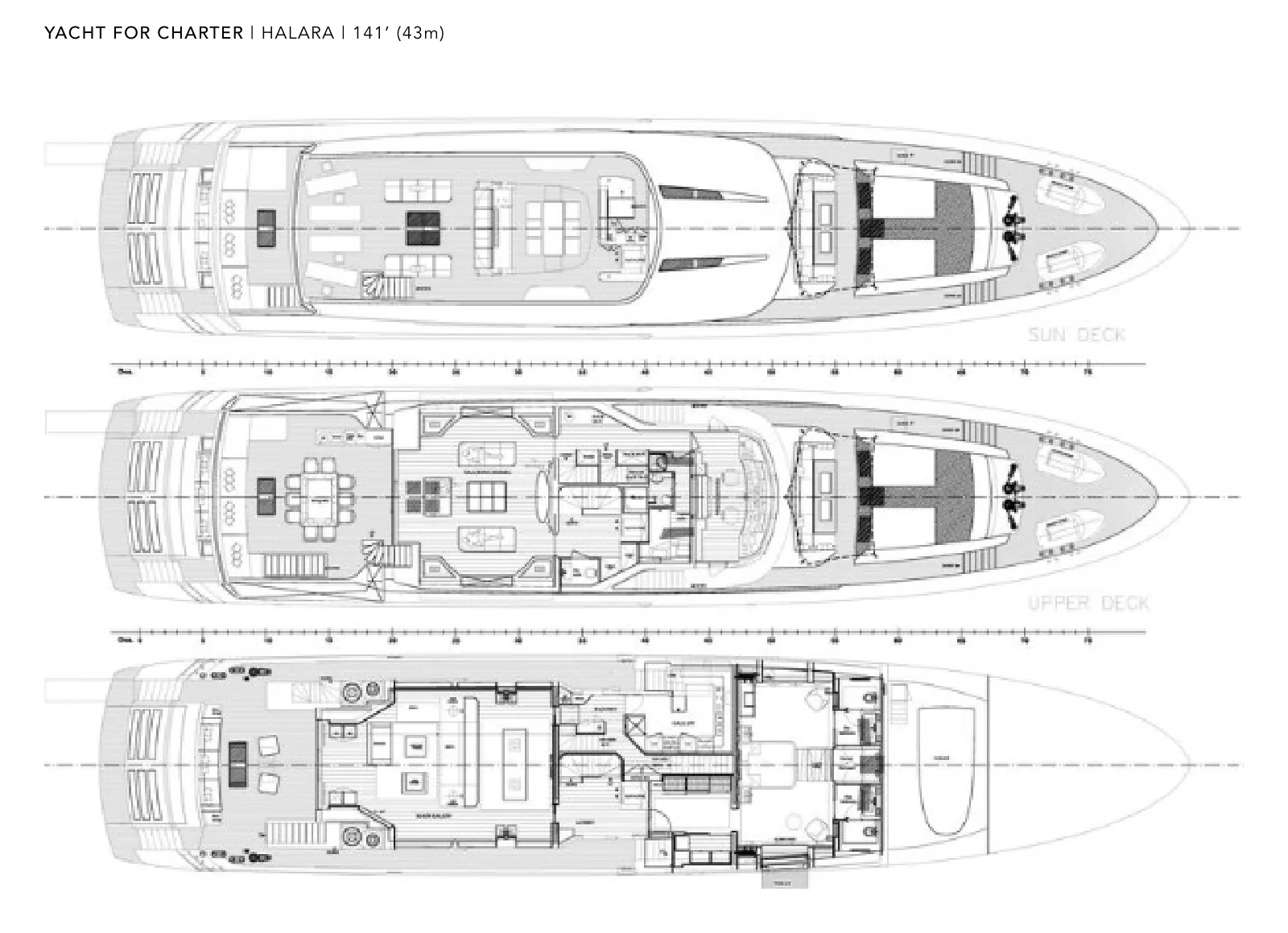 Plano de deck do Halara: Sun Deck, Upper Deck, Main Deck