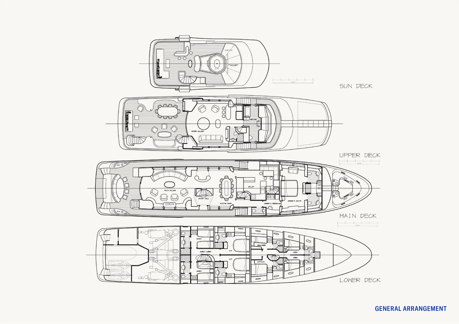 Piano di coperta di Sereno: Sun deck, Upper deck, Main deck, Lower deck