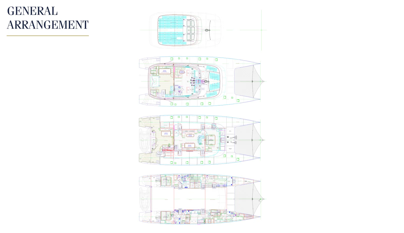 Crazy Loveのデッキプラン: General arrangement: bimini top, flybridge, main deck, lower deck
