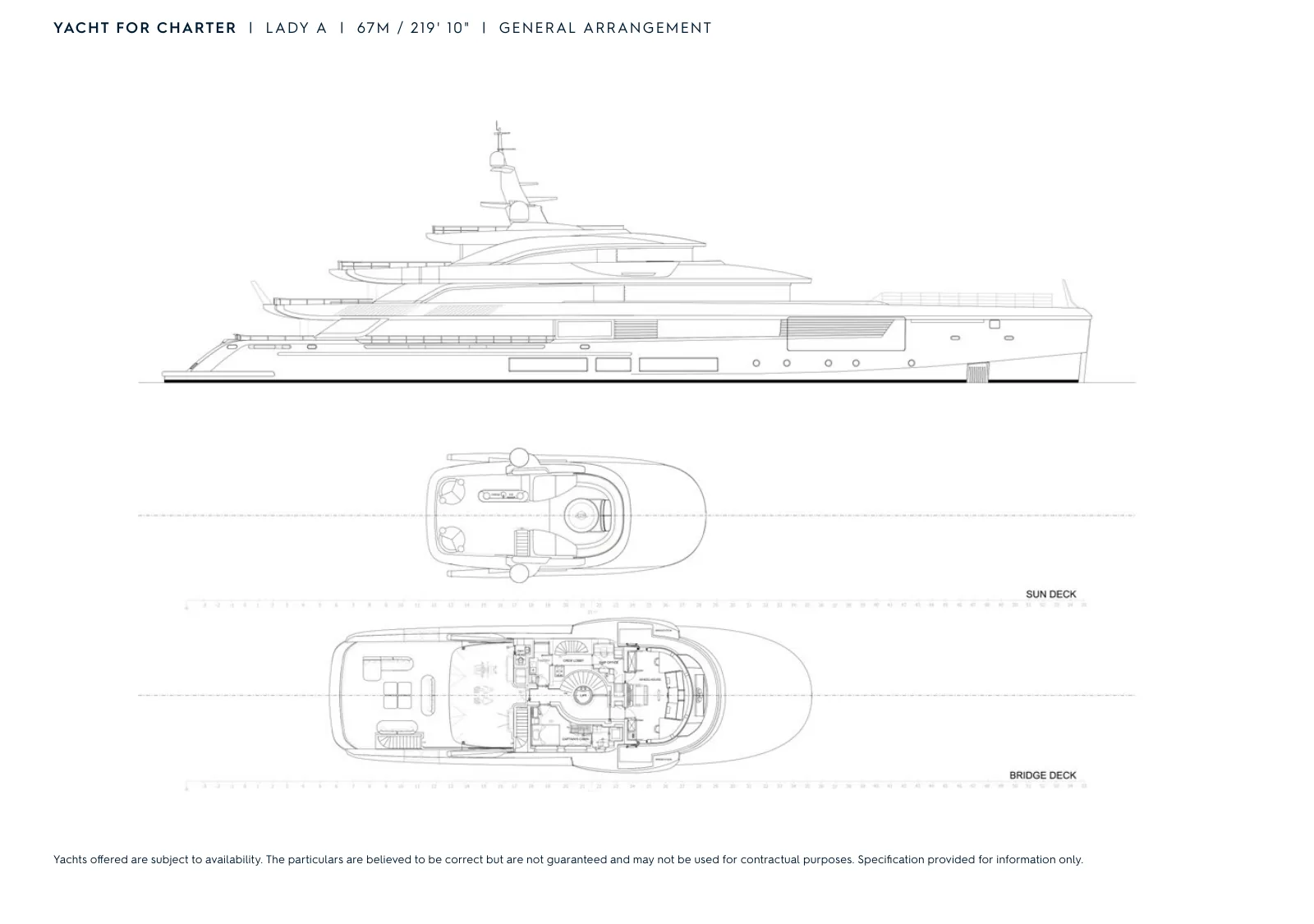 Deck plan of Lady A: Profile, Sun Deck, Bridge Deck