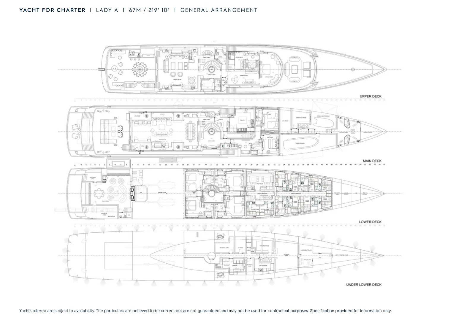 Deck plan of Lady A: Upper Deck, Main Deck, Lower Deck, Under Lower Deck