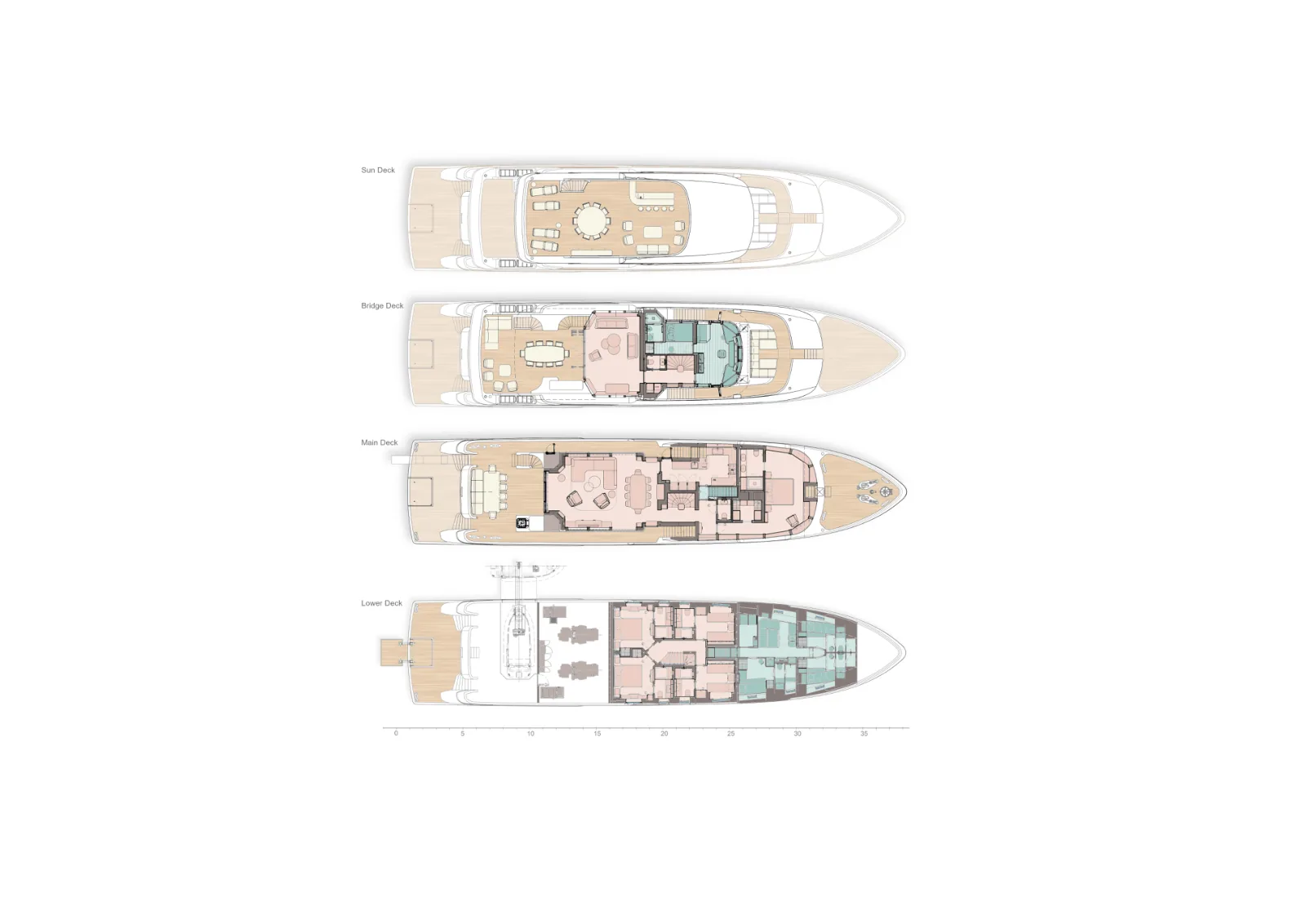 Deck plan of Ad Astra: Sun Deck, Bridge Deck, Main Deck, Lower Deck