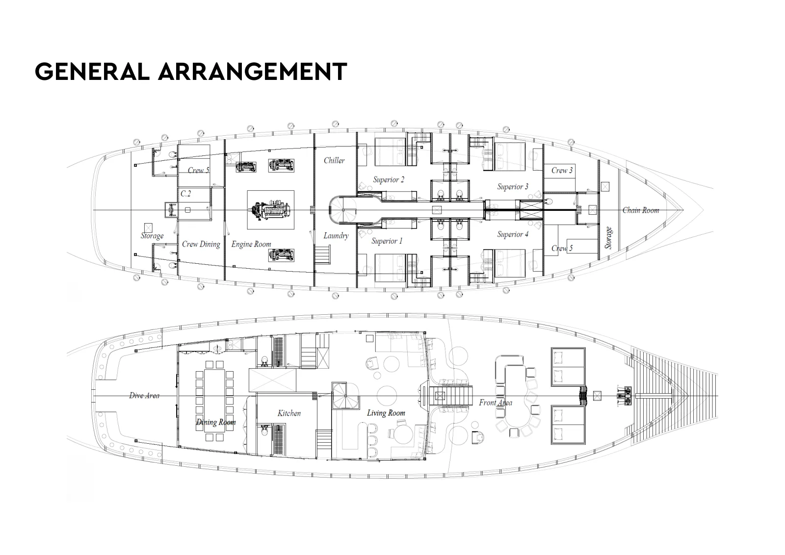 Piano di coperta di Bhavana: Lower deck and main deck