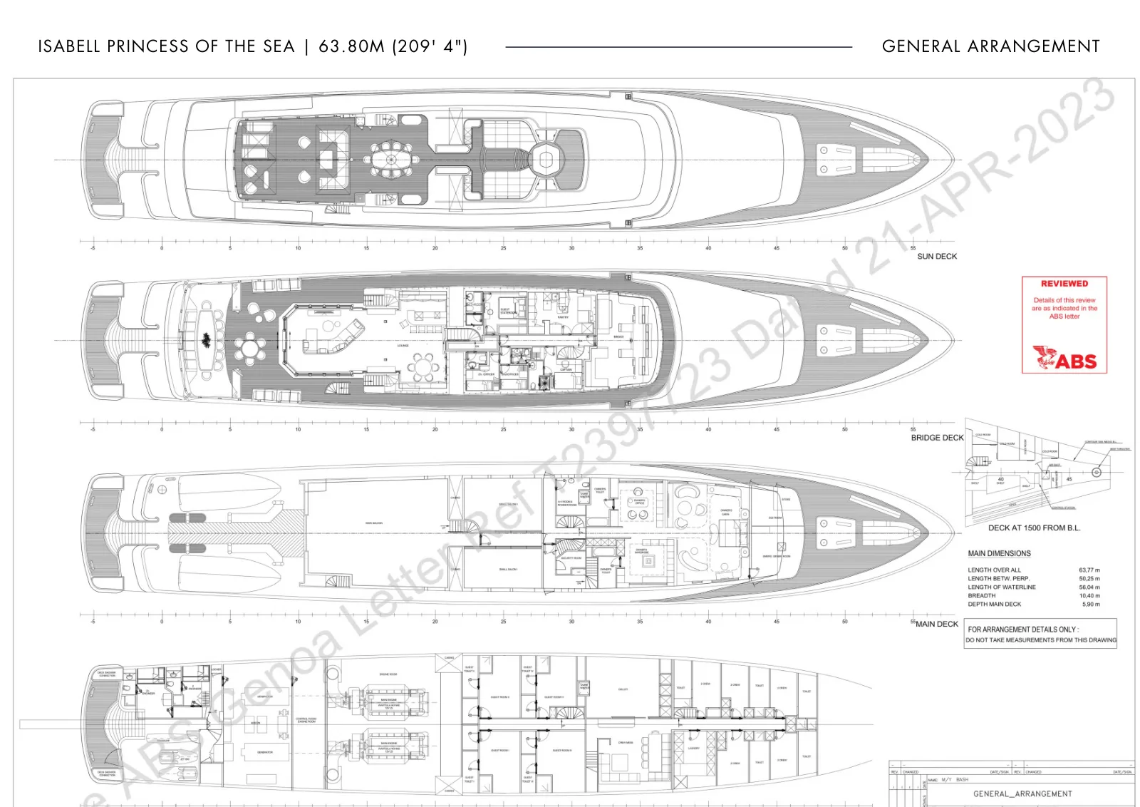 Deck plan of Isabell Princess of the Sea: Sun Deck, Bridge Deck, Main Deck, Lower Deck