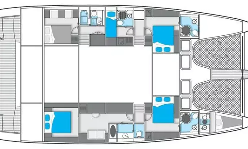 Anini: Deck plan of a catamaran showing four double cabins with ensuite bathrooms in the hulls