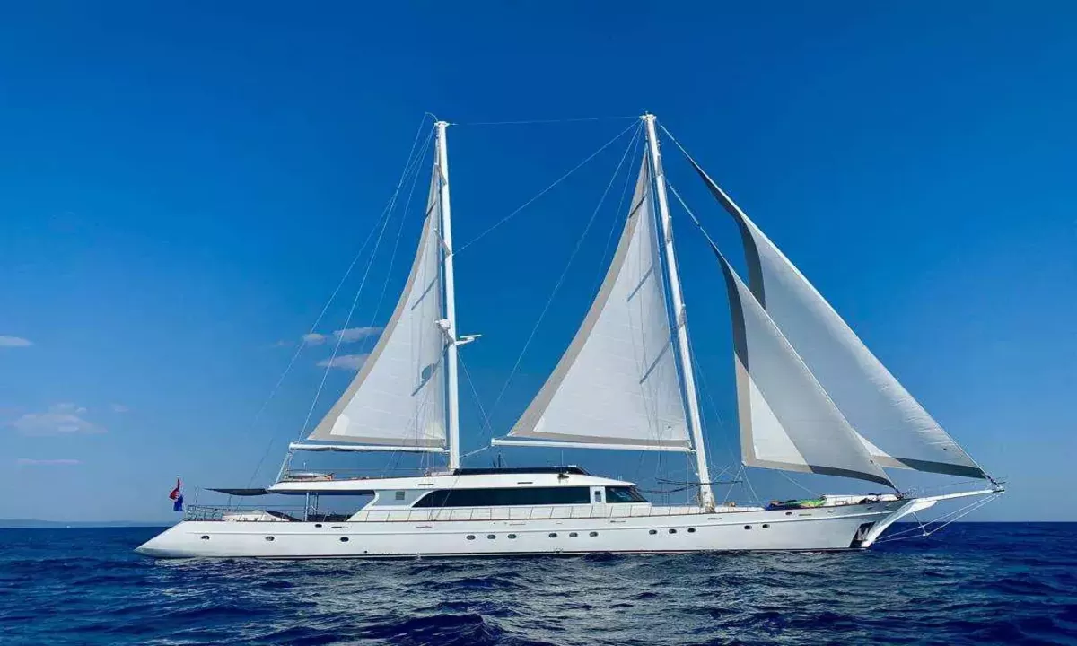Lady Gita: Voilier blanc à deux mâts toutes voiles dehors sur une mer bleu profond