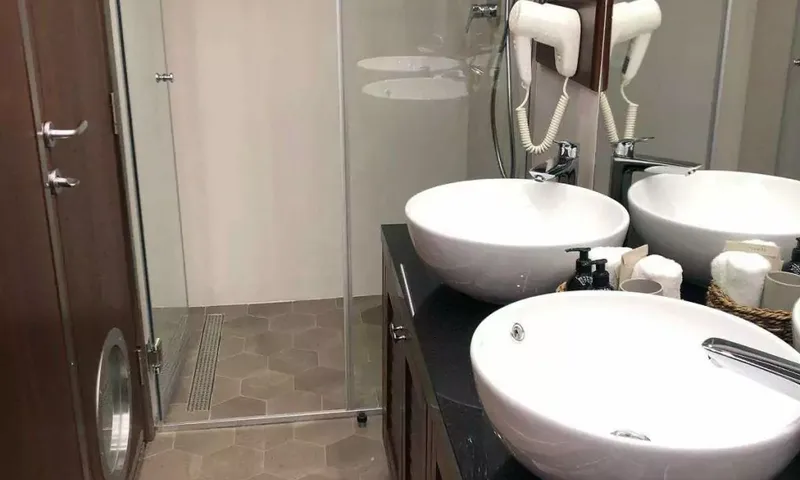 Lady Gita: Salle de bain avec deux vasques à poser, sèche-cheveux et douche en verre