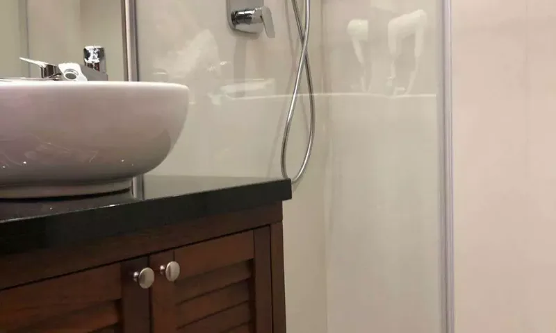 Lady Gita: Vasque à poser sur plan sombre à côté d'une douche en verre