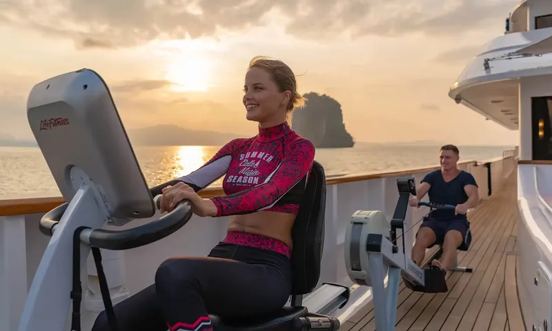 Northern Sun: Two people exercising on a stationary bike and rowing machine on a side deck at sunset