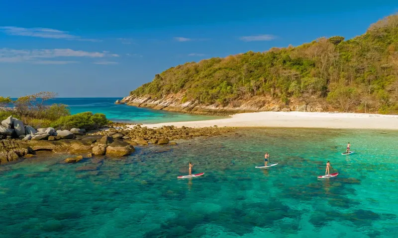 Northern Sun: Four people stand up paddleboarding in clear turquoise water near a white sand beach