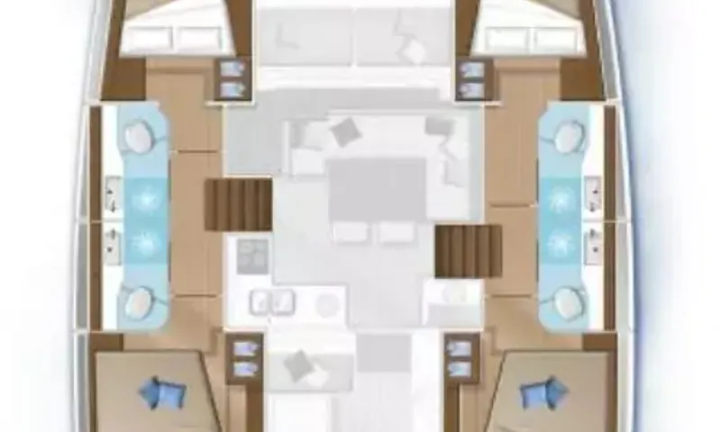 Grande: Deck plan showing four cabins with ensuite bathrooms, saloon and galley