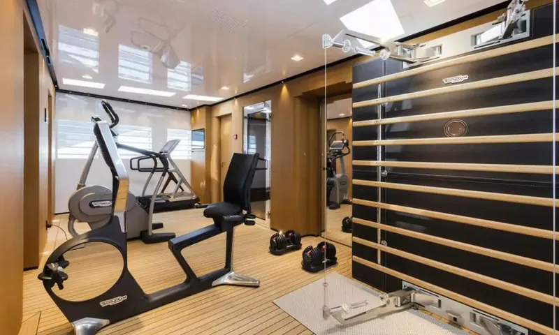 Suerte: Gym with exercise bike, stepper, dumbbells and wall bars on teak flooring