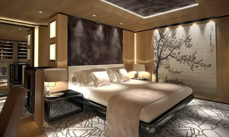 Suerte: Rendering of a double cabin with tree mural, bedside lamps and patterned carpet