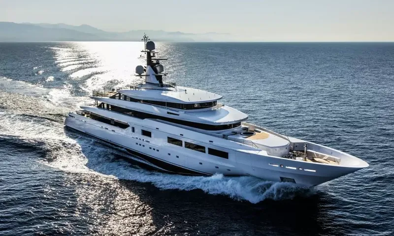 Suerte: Superyacht cruising across sunlit sea with mountains on the horizon