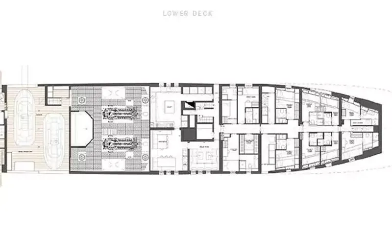 Suerte: Lower deck floor plan showing tender garage, engine room and cabins