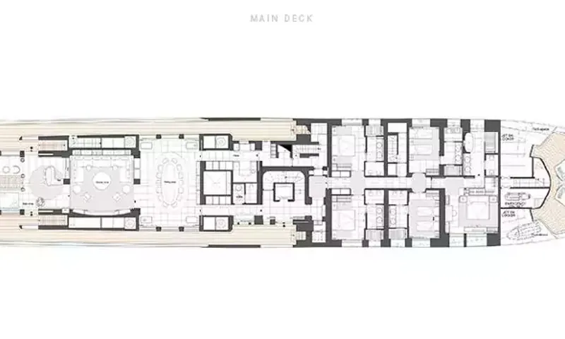 Suerte: Main deck floor plan with saloon, dining area and cabins