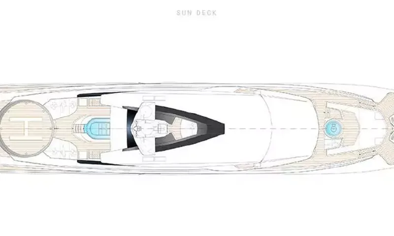 Suerte: Sun deck floor plan with helipad, pool and foredeck jacuzzi