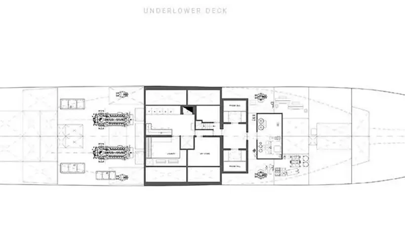 Suerte: Under lower deck plan showing engines and service rooms