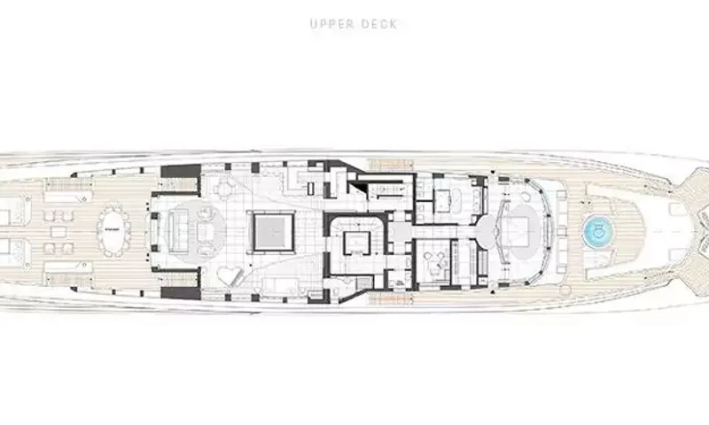 Suerte: Upper deck floor plan with aft dining, lounge and forward jacuzzi