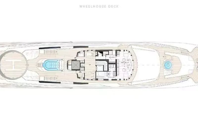 Suerte: Wheelhouse deck floor plan with helipad, pool and bridge
