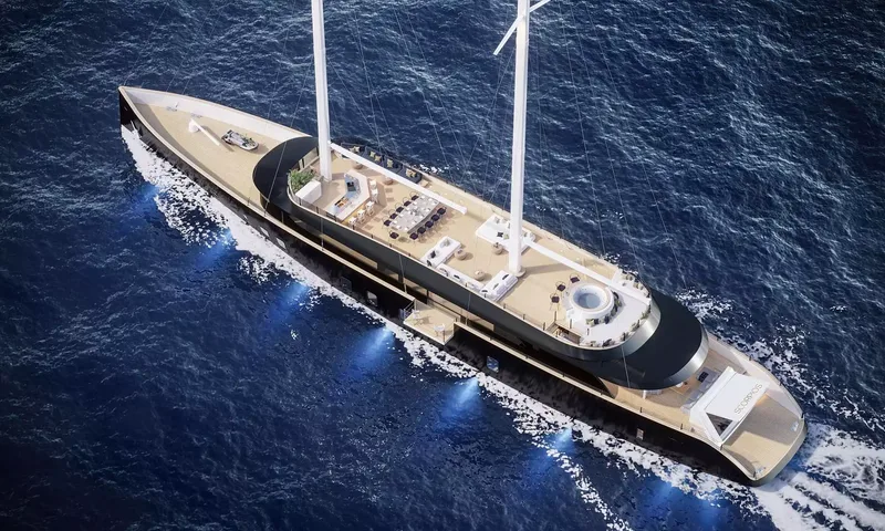Scorpios: Two masted yacht under way seen from above, with deck lounges, dining table and blue underwater lights