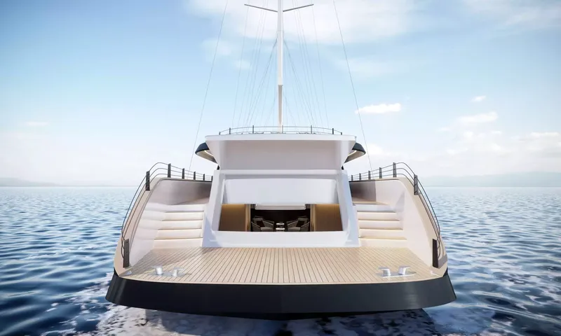 Scorpios: Stern view of the yacht with wide teak swim platform and steps on either side