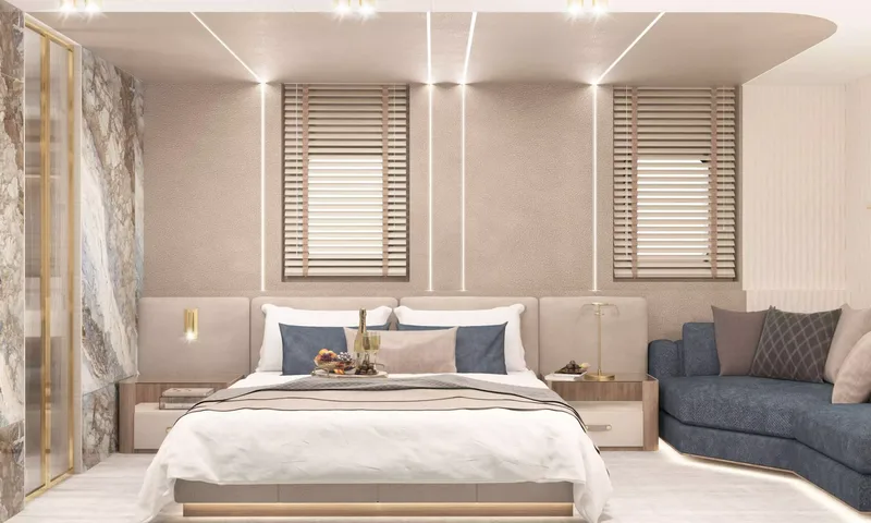 Scorpios: Cabin with double bed, two shuttered windows and a blue sofa