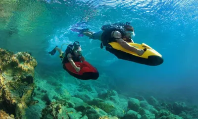 Lisa of the Seas: Two divers gliding underwater over rocks holding red and yellow underwater scooters