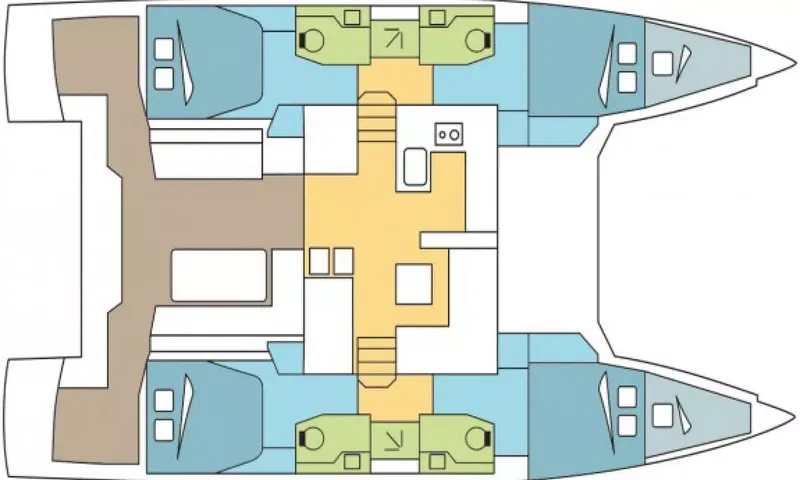 Sea Spirit 3: Planta colorida do layout de um catamarã com quatro cabines e banheiros