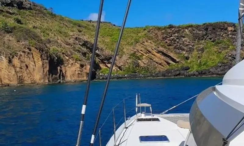 Sea Spirit 3: Vista ao longo do convés lateral em direção a um penhasco rochoso verde e água azul profunda