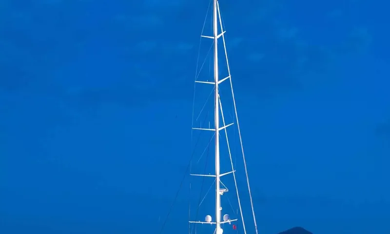 All About U 2: Tall white mast and rigging against a deep blue sky