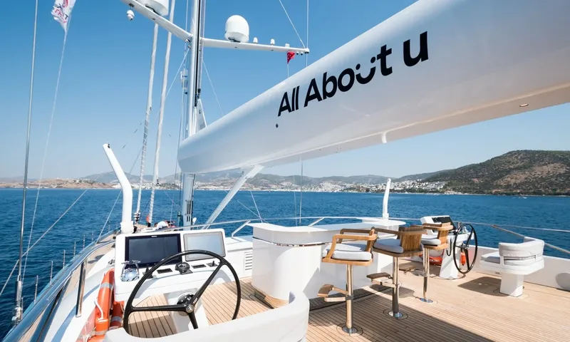 All About U 2: Open air helm stations with wheels and screens beside a bar on the upper deck