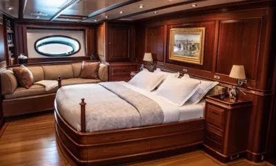 Athos I: Cabine espaçosa com cama de casal, sofá sob uma vigia oval e painéis de madeira