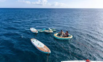 Accidental Success: Two paddleboards and a floating ring with two guests tethered in open sea