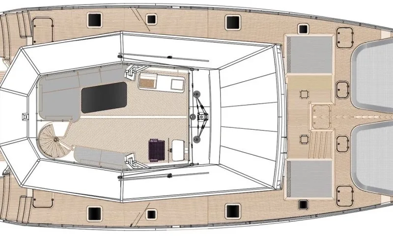 Hani I: Deck plan of the upper deck with spiral stairs and seating