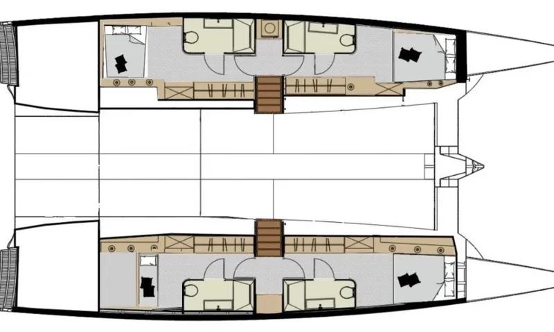 Hani I: Hull layout plan showing four cabins with ensuite bathrooms