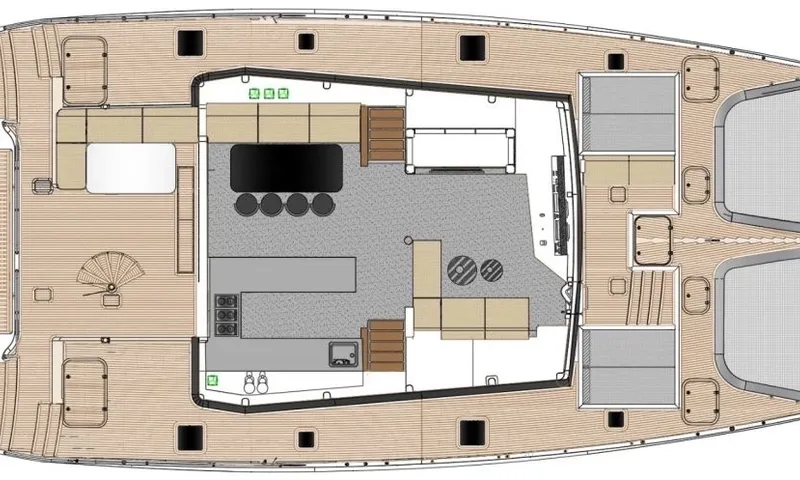 Hani I: Main deck plan showing saloon, galley, dining and outdoor decks