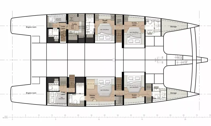 Ankawer VI: Lower deck plan showing guest cabins, crew cabins, galley and engine rooms in both hulls