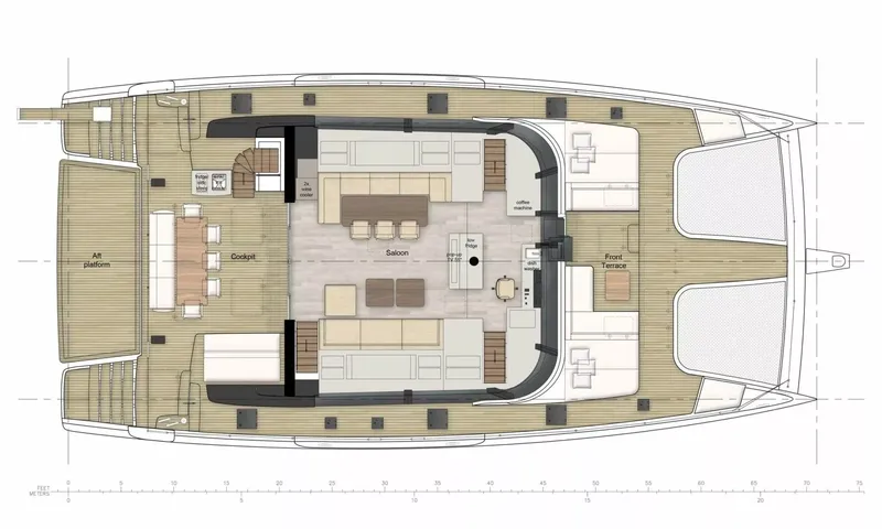 Ankawer VI: Main deck plan showing aft platform, cockpit, saloon and front terrace