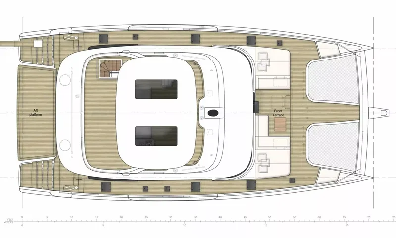 Ankawer VI: Top view deck plan showing flybridge, aft platform and front terrace