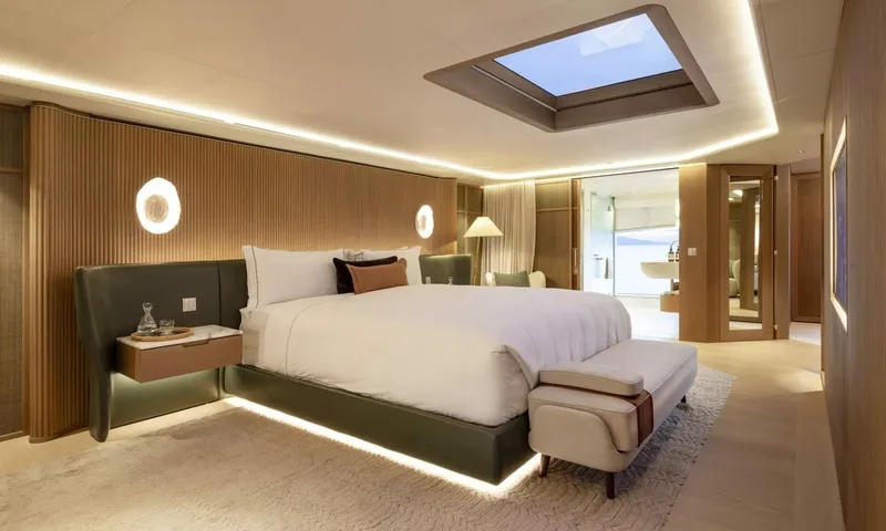 Seawolf X: Large cabin with double bed, skylight, wall lights and ensuite beyond
