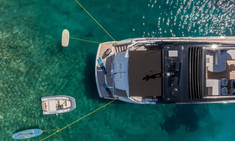 Ascend: Overhead view of the yacht stern in clear turquoise water with tender, paddleboards and water skis