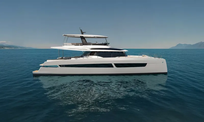 Elly II: Side profile of a white power catamaran on calm blue sea with hard top flybridge
