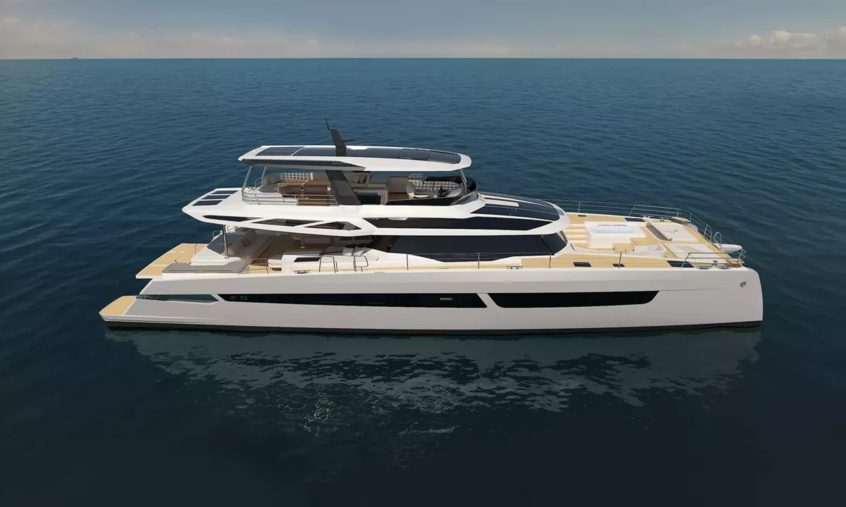 Elly II: White power catamaran seen from above on calm blue sea, showing flybridge and foredeck