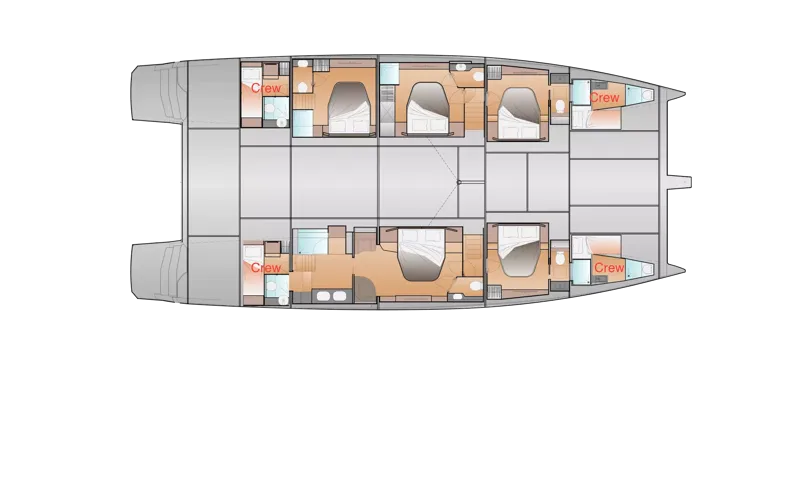 Elly II: Lower deck floor plan showing guest cabins with ensuites and crew cabins in both hulls