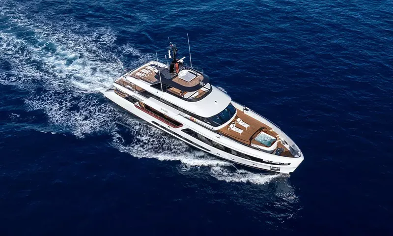 Angel: Overhead view of the yacht under way with foredeck jacuzzi and teak decks